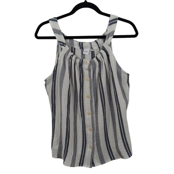 L Gap White Blue Striped Muslin Gauze Button Down Tank Top Shirt NWT Size MP - Picture 1 of 7